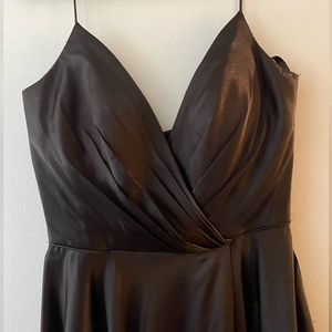 Sherri Hill V Neck, Spaghetti Strap, A Line, black satin dress - size 4